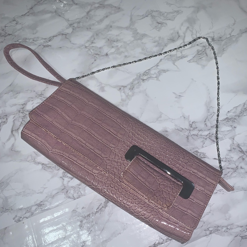 Pink Reptilian Print Clutch with Chain Strap - Excellent Condition